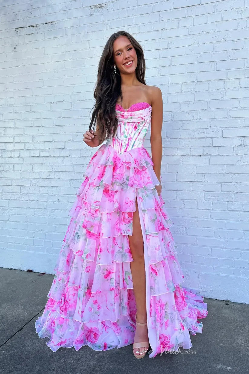 2026 Corset Floral Pink Prom Dresses Sweetheart Layered Ruffle Skirt