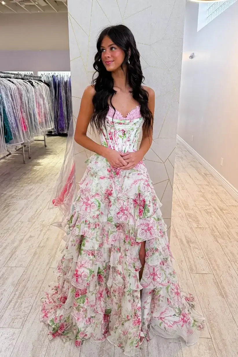 2026 Corset Floral Pink Prom Dresses Sweetheart Layered Ruffle Skirt 