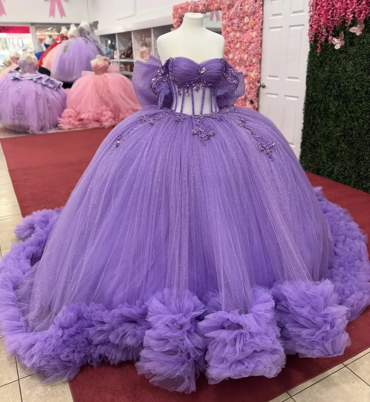 Corset Bodice Lavender Quince Dress Off Shoulder Ball Gown Beaded Ruffles
