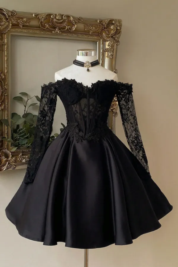 Corset Mini Black Lace Homecoming Dress Off-the-Shoulder with Sleeves