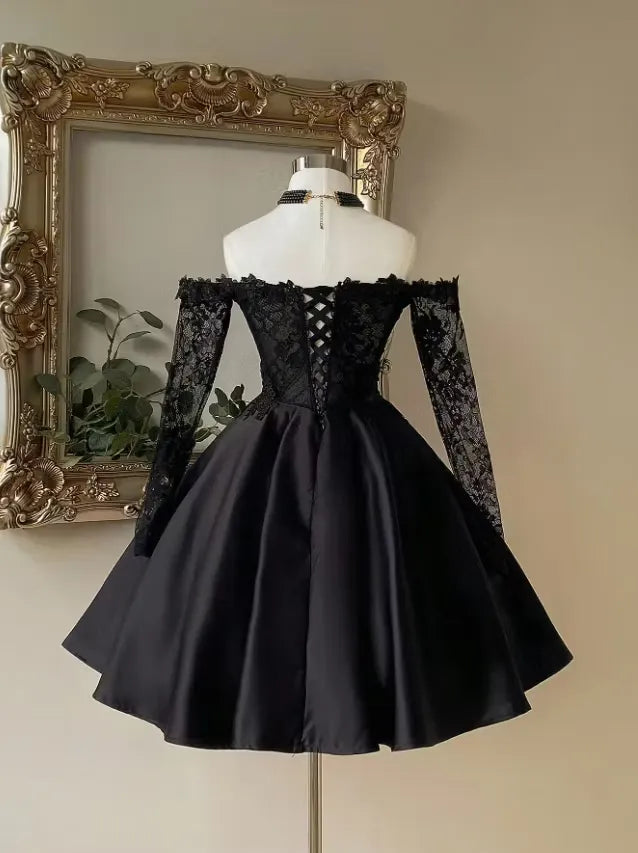 Corset Mini Black Lace Homecoming Dress Off-the-Shoulder with Sleeves