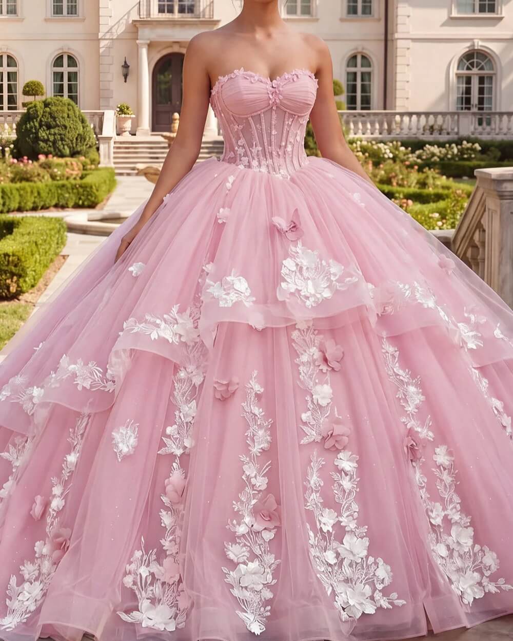 Off The Shoulder Corset Pink Quinceanera Dress Ball-Gown Ruffled Appliqued