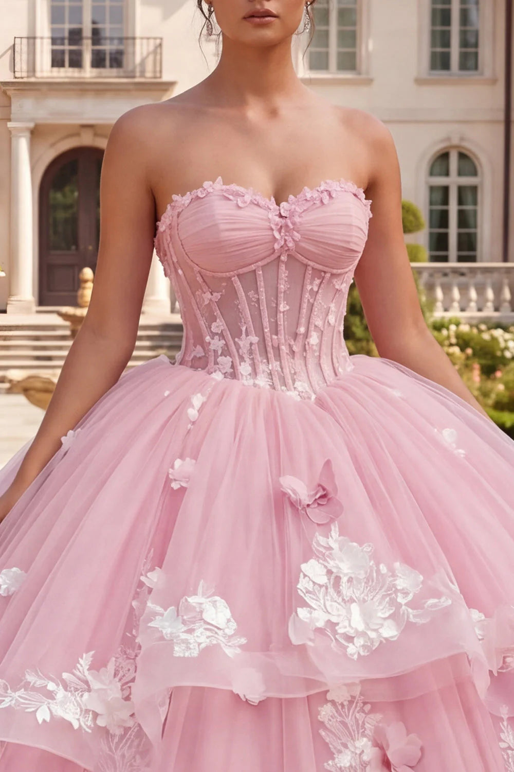 Off The Shoulder Corset Pink Quinceanera Dress Ball-Gown Ruffled Appliqued