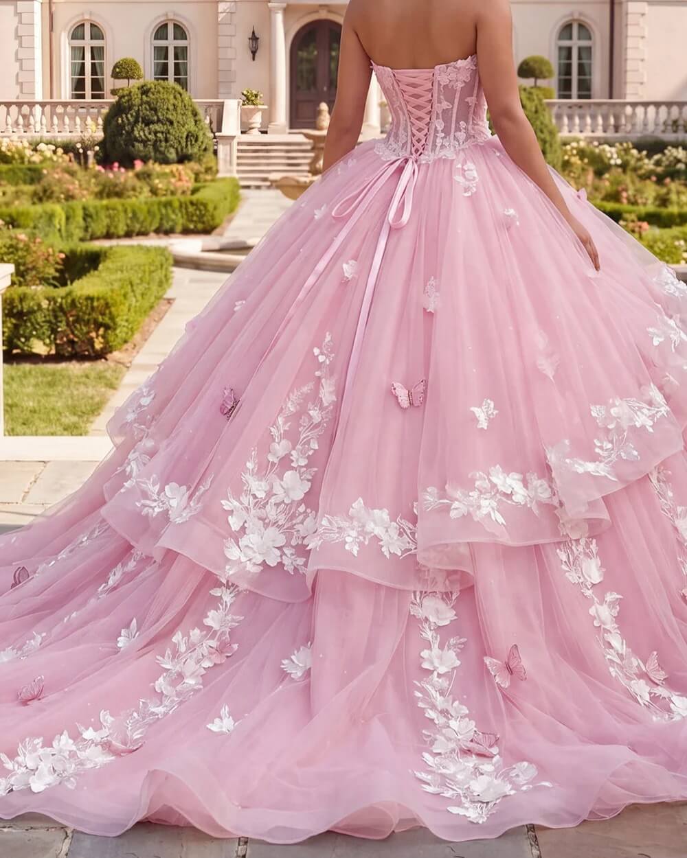 Off The Shoulder Corset Pink Quinceanera Dress Ball-Gown Ruffled Appliqued