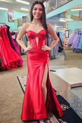 Burgundy Corset Prom Dress with Slit Mermaid Sweetheart Long
