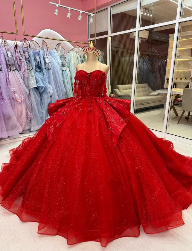 Corset Red Quinceanera Dress Off-Shoulder vestidos de 15 Sweetheart
