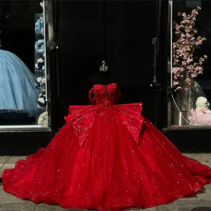 Corset Red Quinceanera Dress Off-Shoulder vestidos de 15 Sweetheart