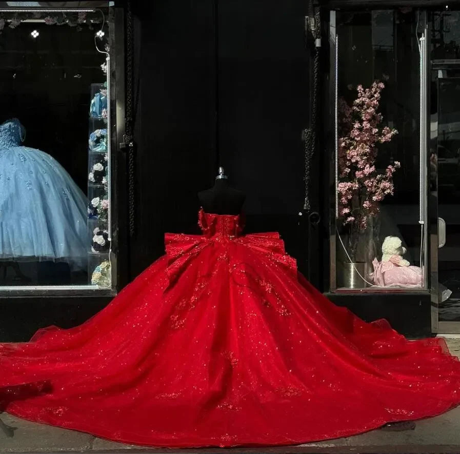 Corset Red Quinceanera Dress Off-Shoulder vestidos de 15 Sweetheart