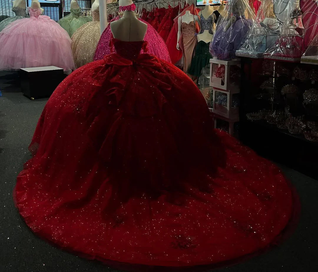 Corset Red Quinceanera Dresses Sequin Lace Tulle Appliqued