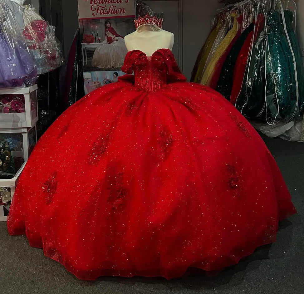 Corset Red Quinceanera Dresses Sequin Lace Tulle Appliqued