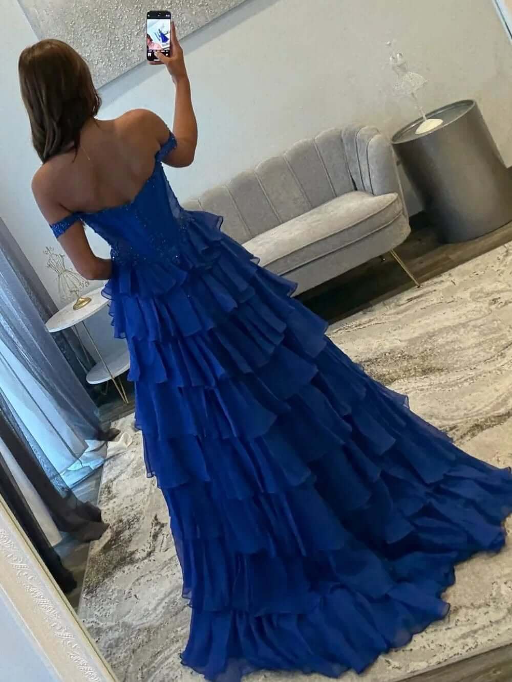 Corset Royal Blue Formal Dress Off Shoulder Beaded Appliques Ruffles