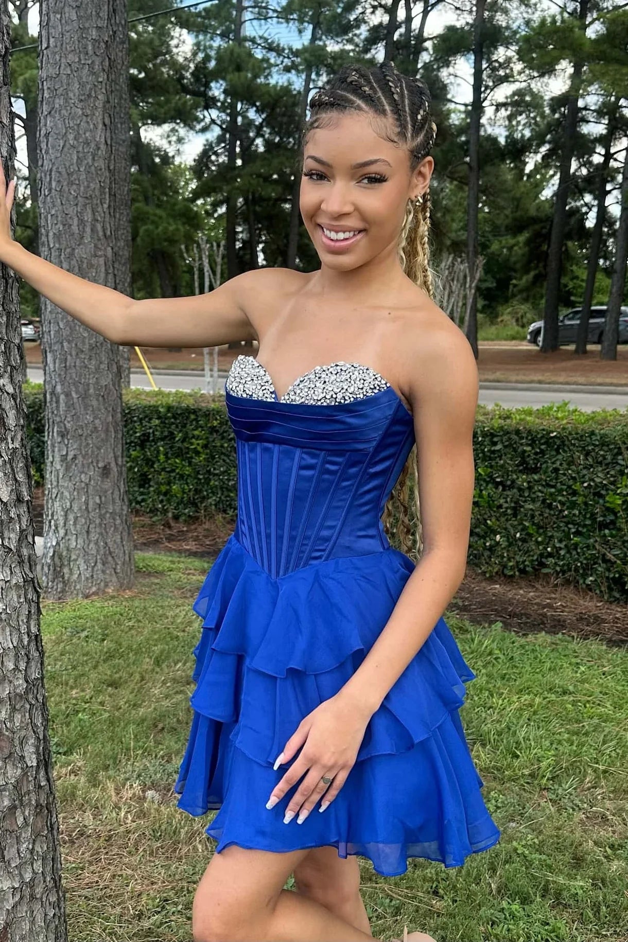 Sweetheart Navy Blue Homecoming Dress Corset Short Beaded Ruffle Dress