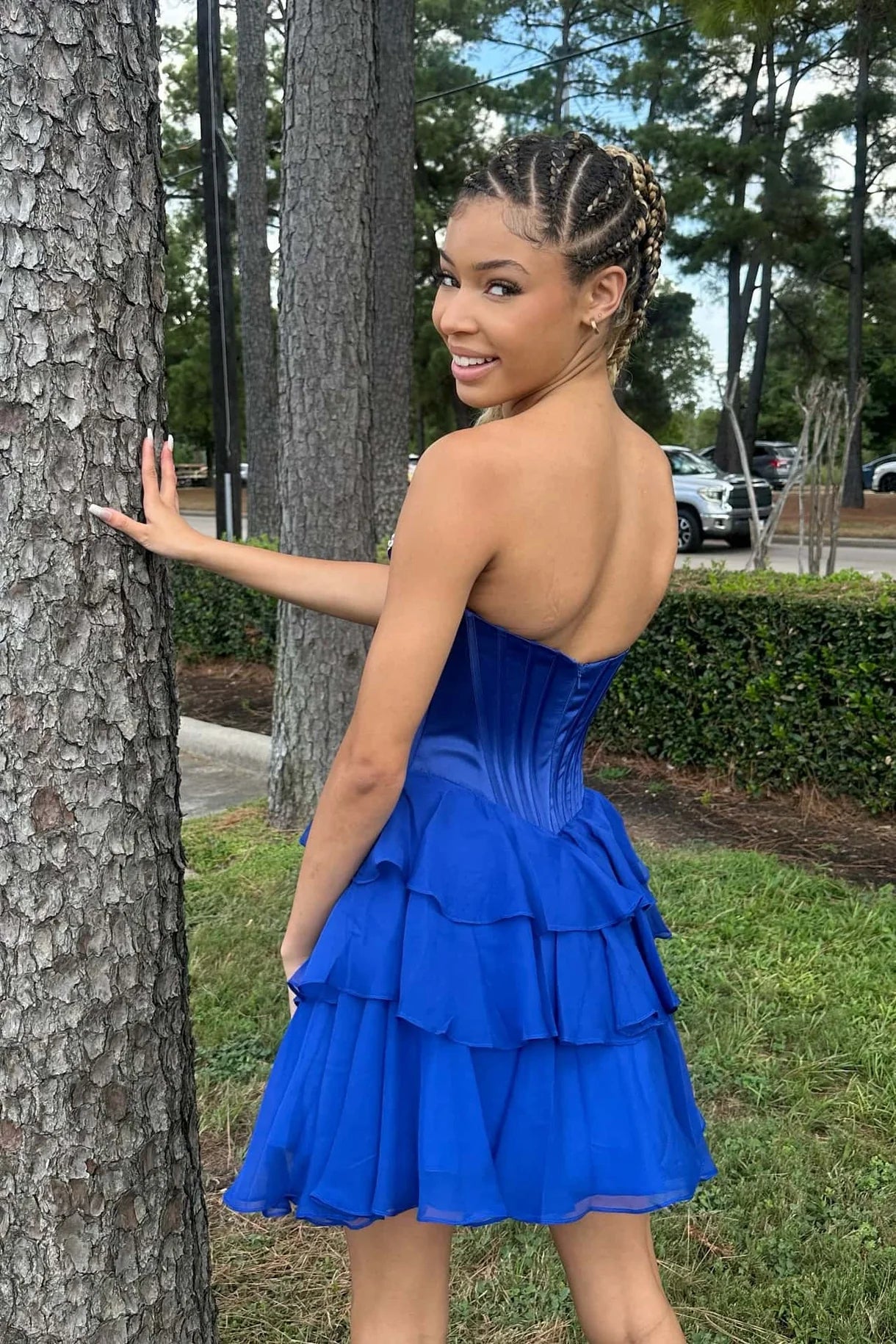 Sweetheart Navy Blue Homecoming Dress Corset Short Beaded Ruffle Dress