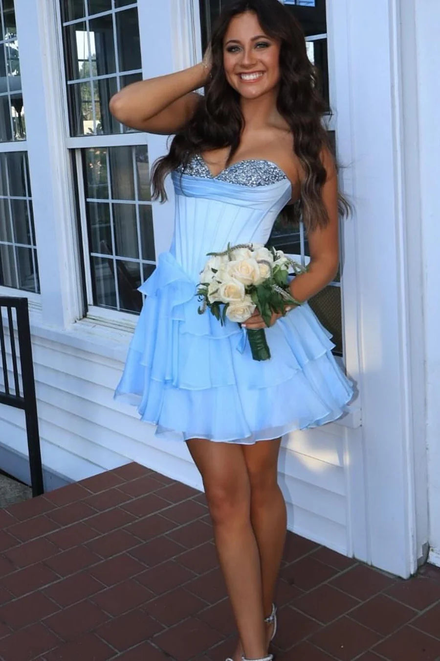 Sweetheart Navy Blue Homecoming Dress Corset Short Beaded Ruffle Dress