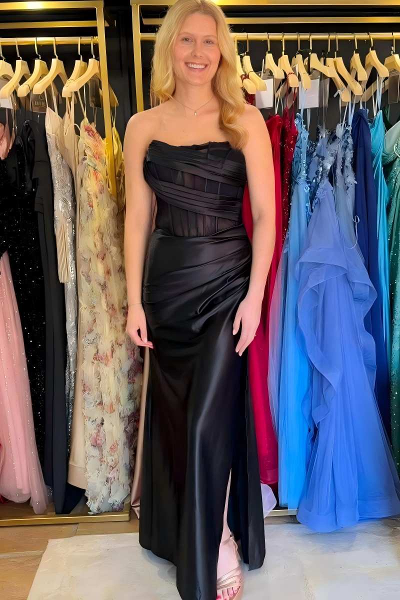 Corset Strapless Black Evening Dress Mermaid Satin Formal Gown