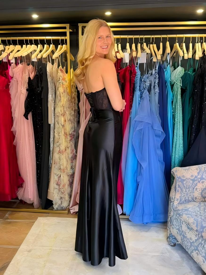 Corset Strapless Black Evening Dress Mermaid Satin Formal Gown