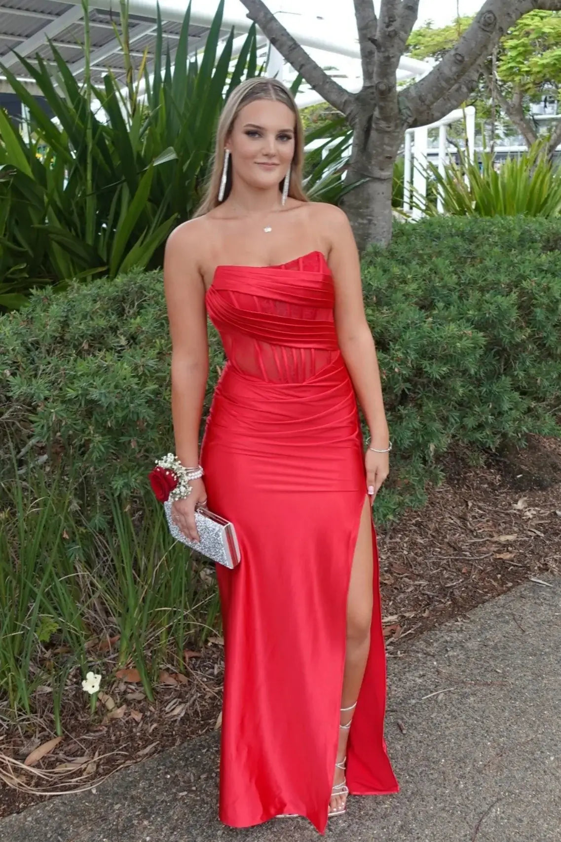 Long red strapless evening gown