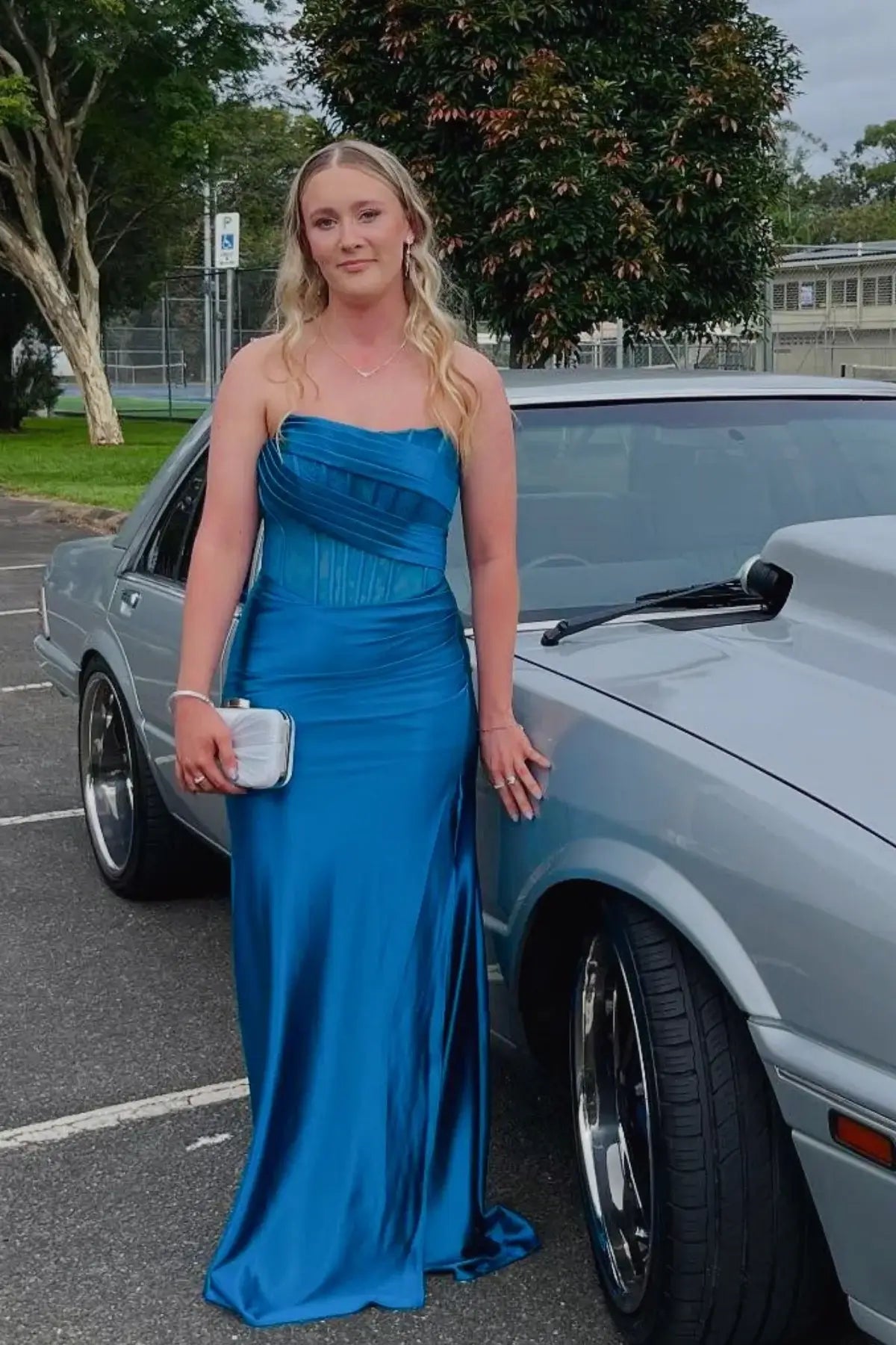 strapless blue evening dress