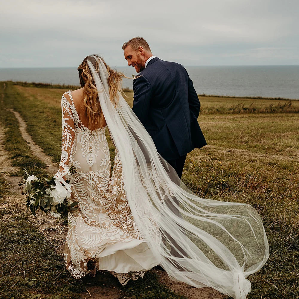 Country Destination Wedding Dress Boho Lace Illusion Mermaid Bridal Gown