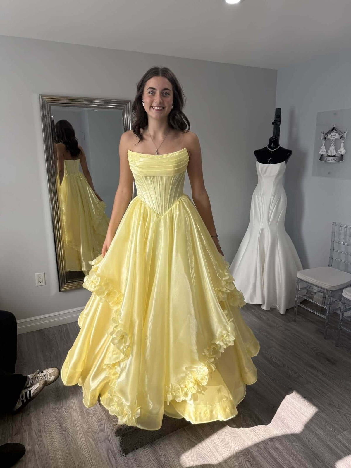 Cowl Neck Light Yellow Prom Dress Strapless 3D Floral Sweet 16