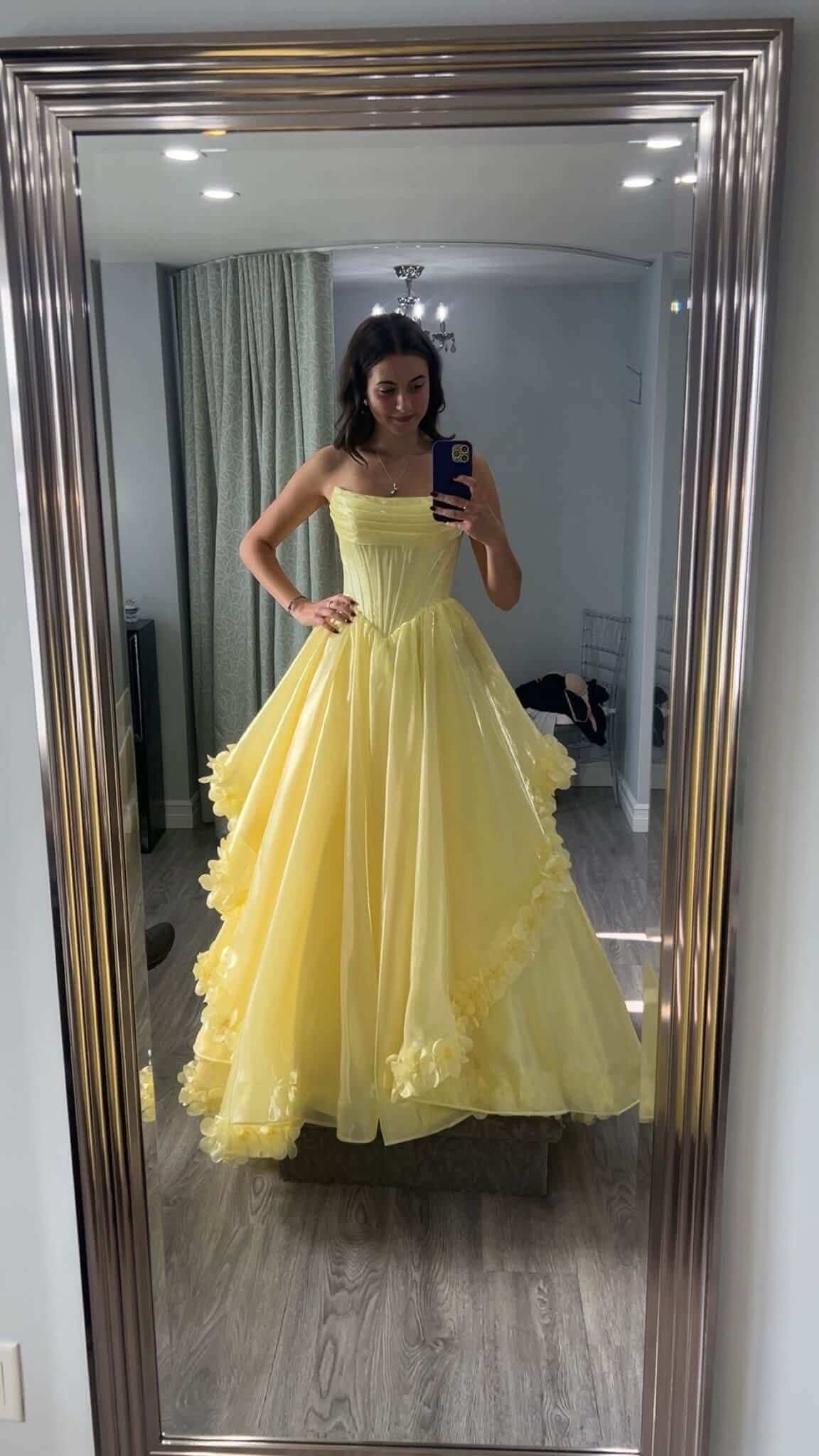 Cowl Neck Light Yellow Prom Dress Strapless 3D Floral Sweet 16