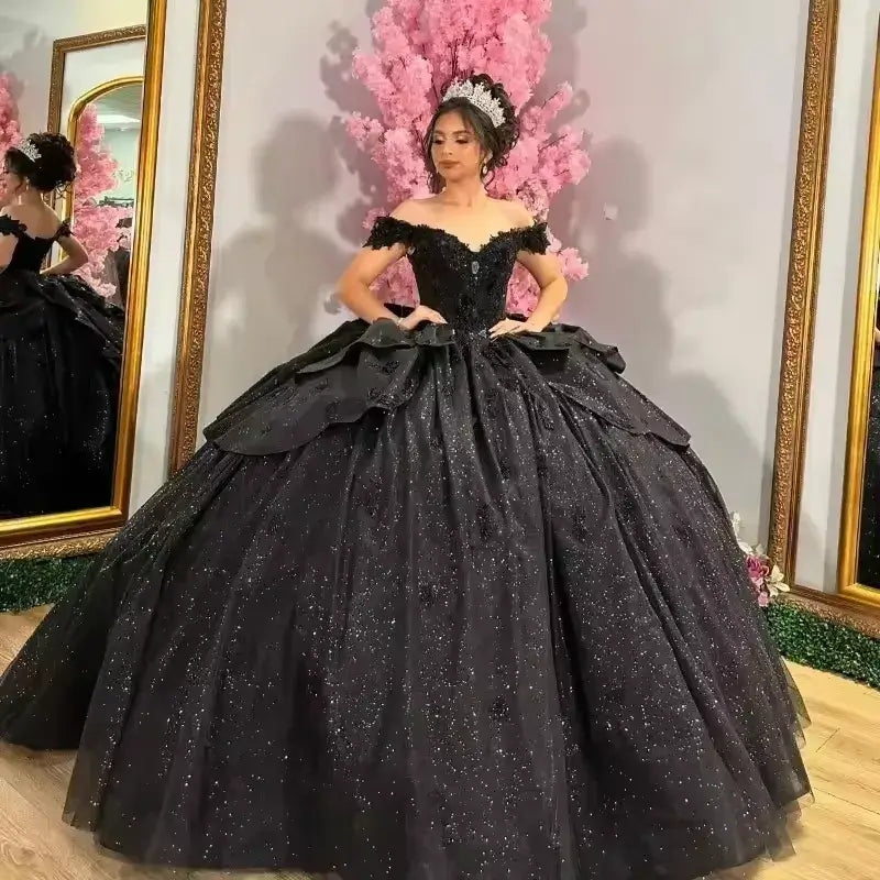 Crystal Off-Shoulder Black 15 Quinceanera Dresses with Bow Mychicdress