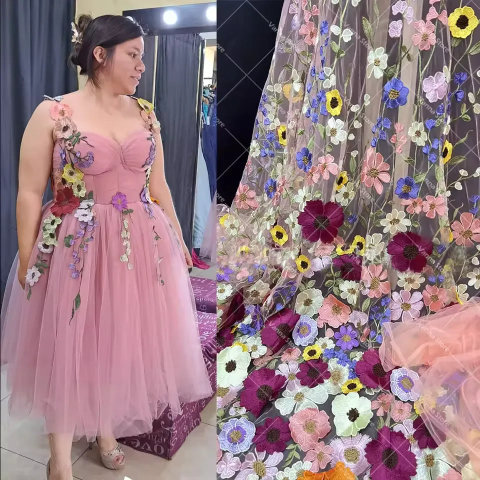 Custom Made A Line Ankle Length Floral Prom Dress Tulle Embroidery