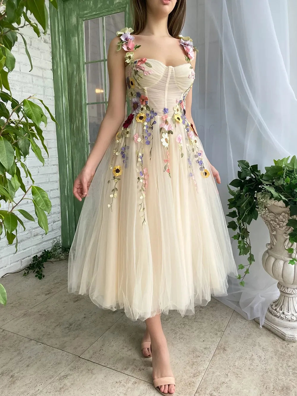 Custom Made A Line Ankle Length Floral Prom Dress Tulle Embroidery