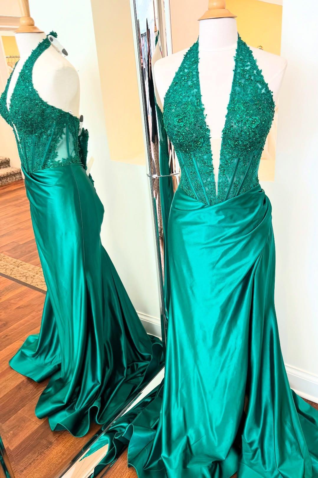 Custom made Green Halter Lace Prom Dress Mermaid V-Neck Mychicdress