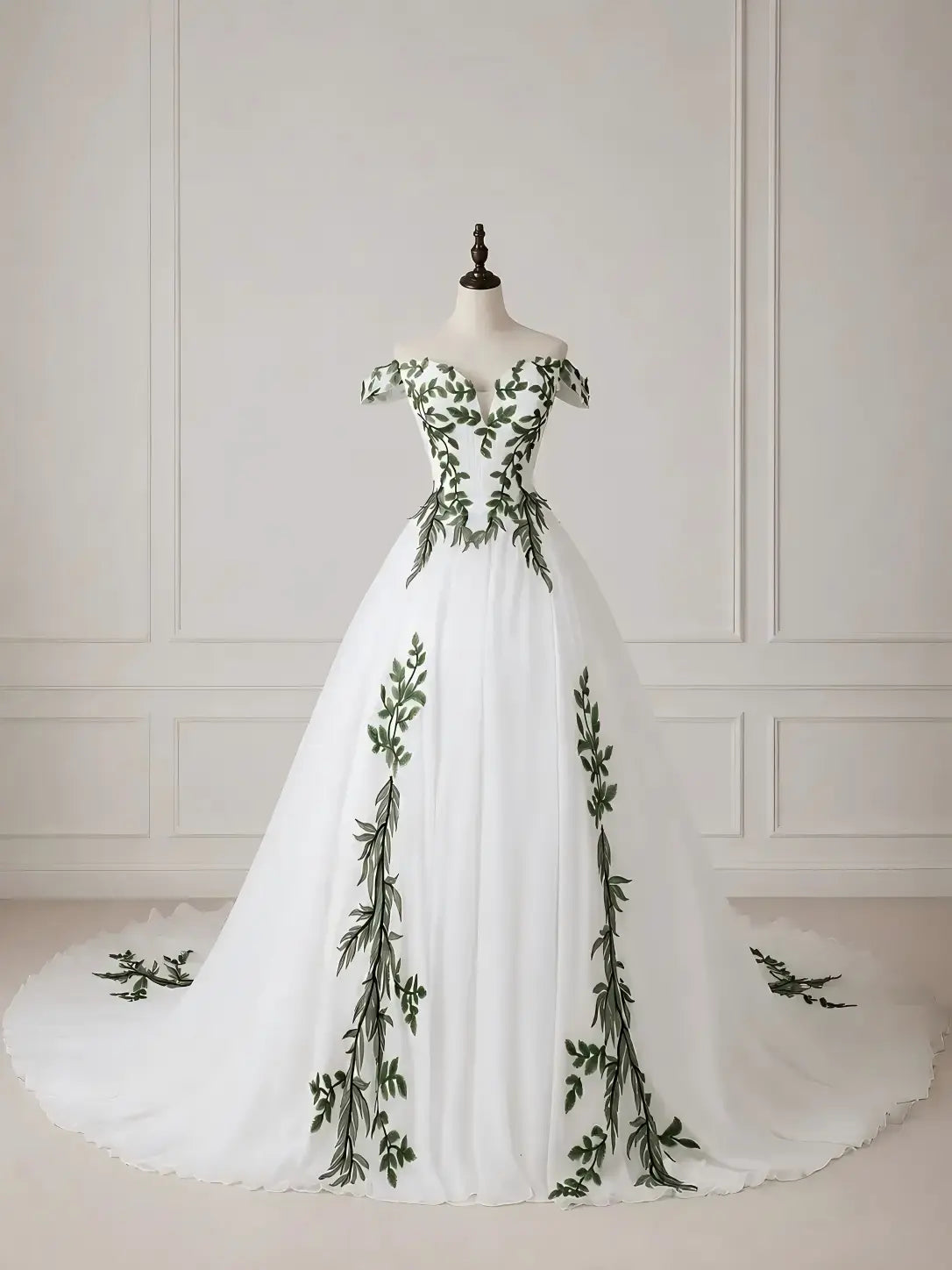 Custom Made Real White Wedding Dress Green Leaf Appliqué Off-Shoulder