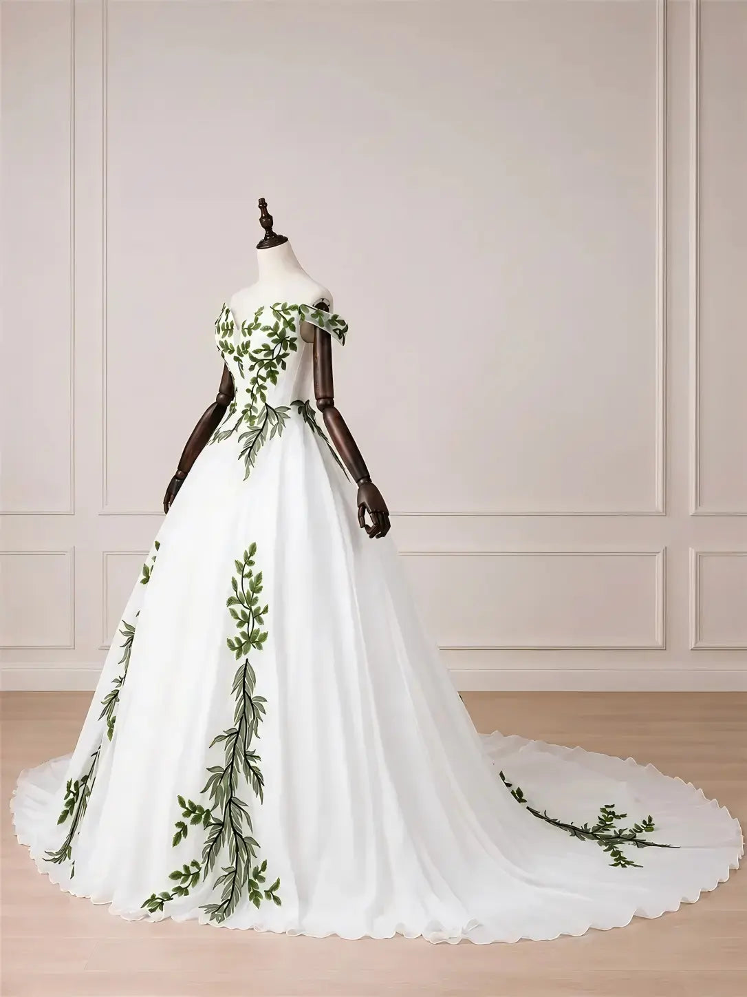 Custom Made Real White Wedding Dress Green Leaf Appliqué Off-Shoulder