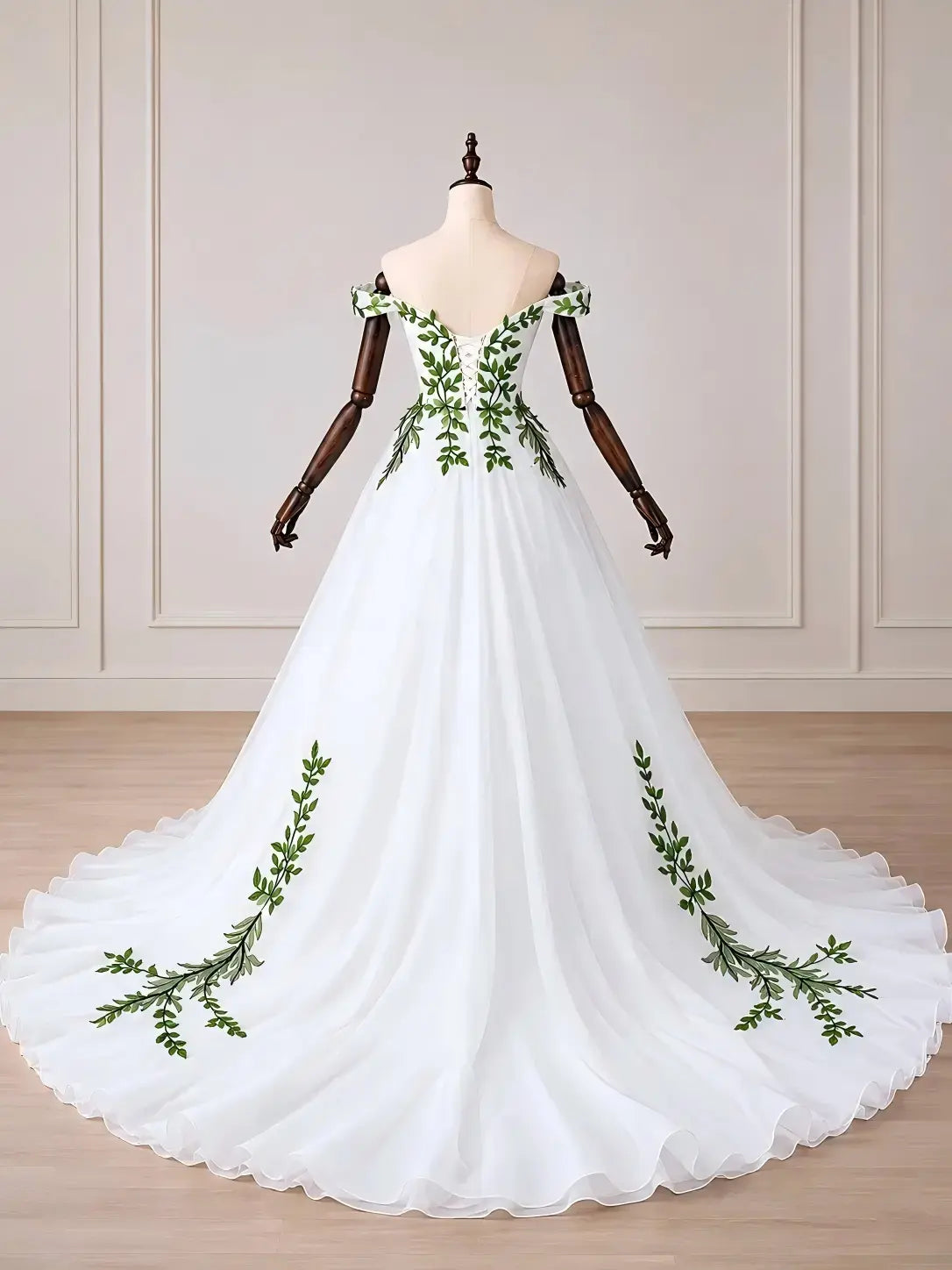 Custom Made Real White Wedding Dress Green Leaf Appliqué Off-Shoulder