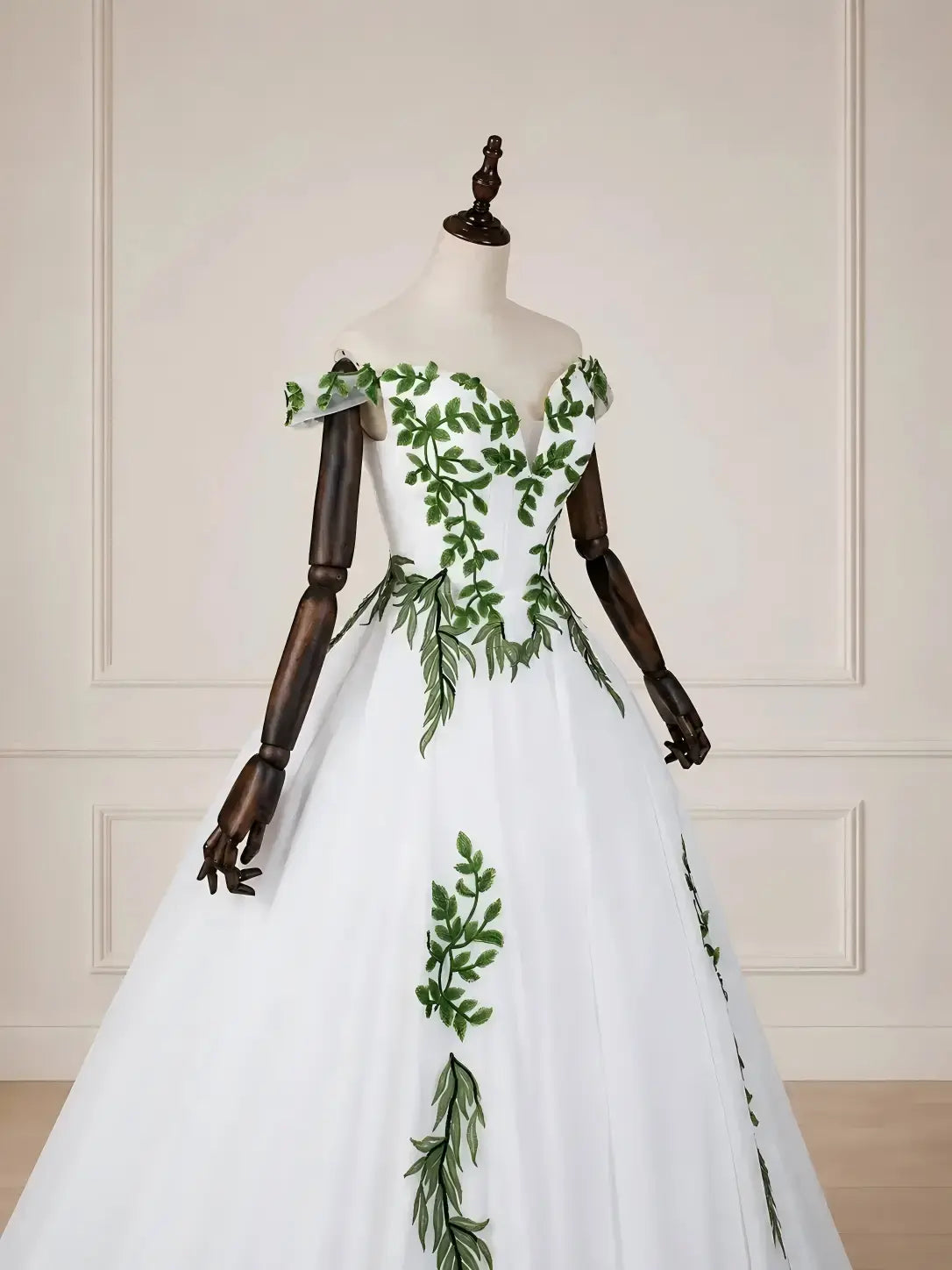 Custom Made Real White Wedding Dress Green Leaf Appliqué Off-Shoulder