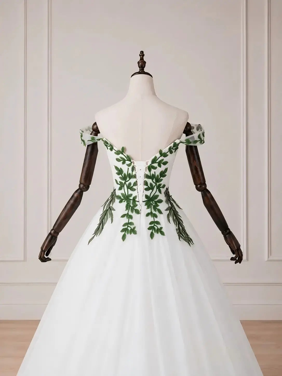 Custom Made Real White Wedding Dress Green Leaf Appliqué Off-Shoulder
