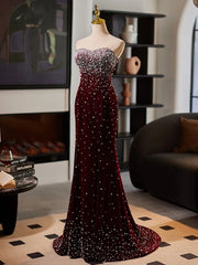 Custom made Strapless Burgundy Velvet Evening Gown Pearls Mychicdress