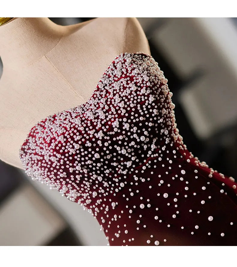 Custom made Strapless Burgundy Velvet Evening Gown Pearls Mychicdress