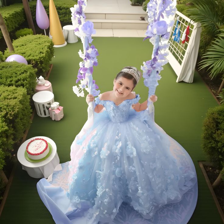 Custom Princess Light Blue 3D Flower Girl Dresses Off the Shoulder