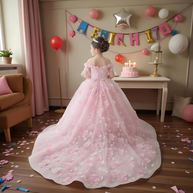 Custom Princess Light Blue 3D Flower Girl Dresses Off the Shoulder