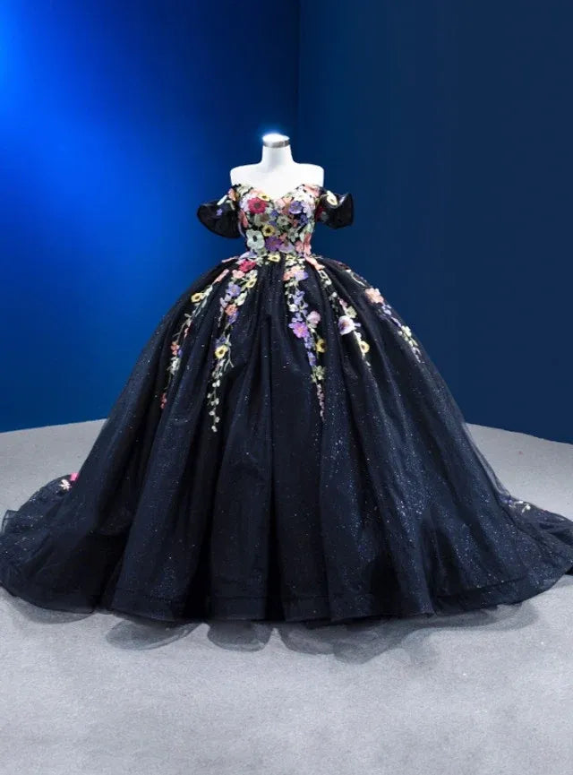 Customize Black Quinceanera Dress Floral Off the Shoulder XV 15 Dress
