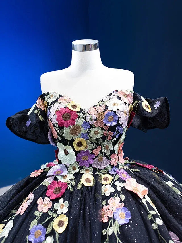 Customize Black Quinceanera Dress Floral Off the Shoulder XV 15 Dress