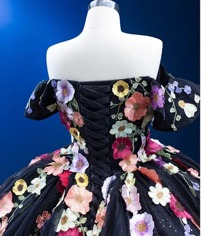 Customize Black Quinceanera Dress Floral Off the Shoulder XV 15 Dress