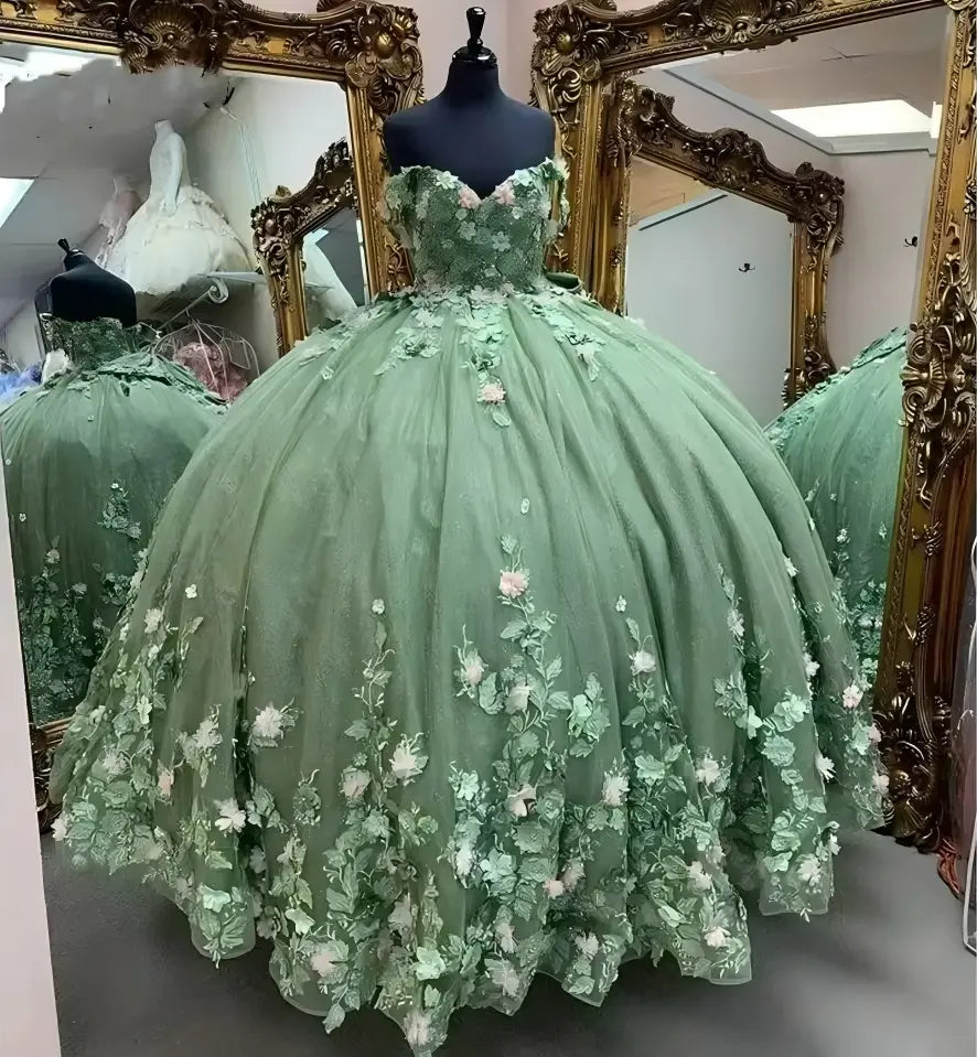 Customize Mint Green Florals Quinceanera Dresses off Shoulder 