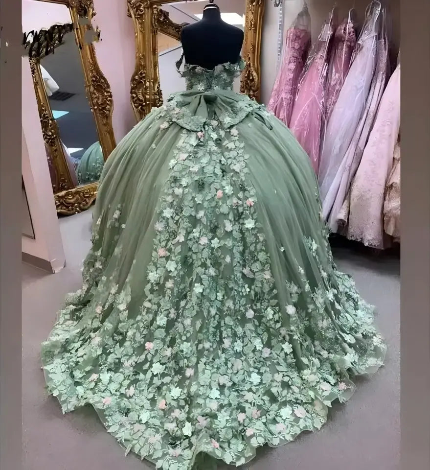 Customize Mint Green Florals Quinceanera Dresses off Shoulder 