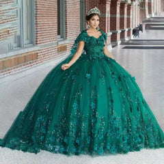 Customized Ball Gown Quinceanera Dress Emerald Green Sequined Appliques