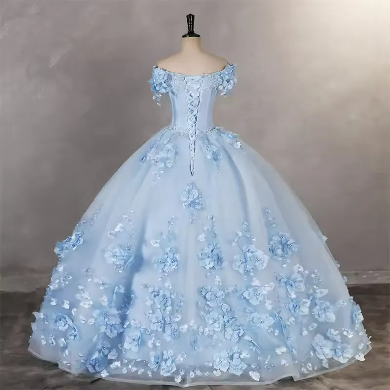Customized Blue Sweet 15 Quinceanera Dresses 3D Flowers Ball Gown
