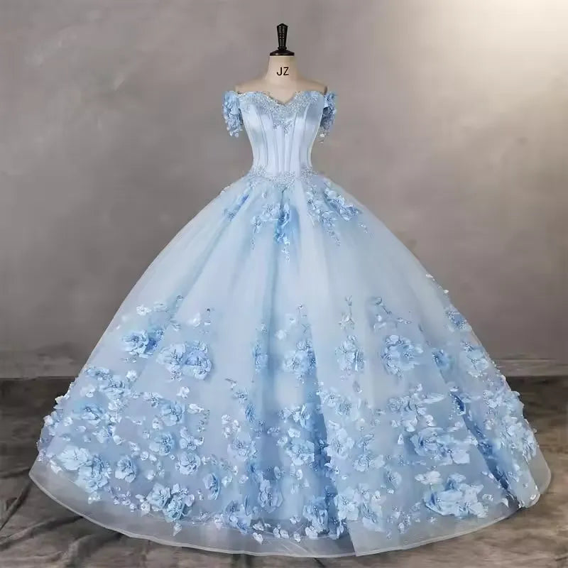 Customized Blue Sweet 15 Quinceanera Dresses 3D Flowers Ball Gown