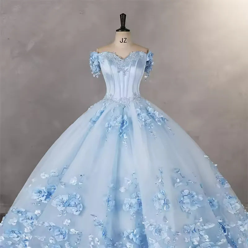 Light blue floral off-shoulder gown