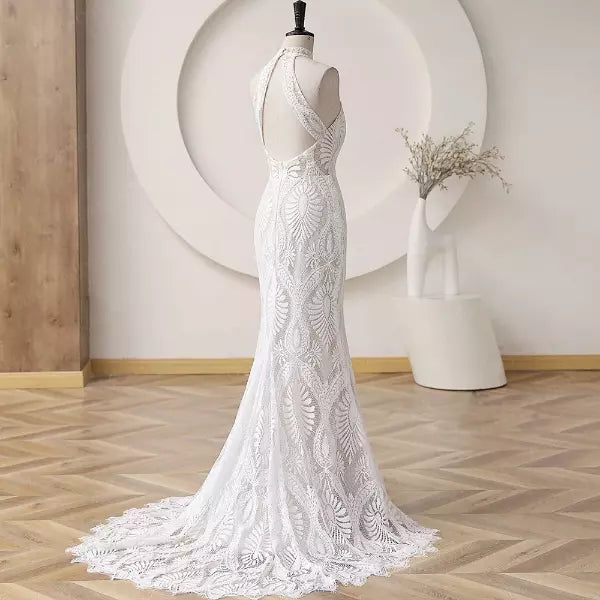 Customized Mermaid Halter Beach Wedding Dress Lace Sleeveless
