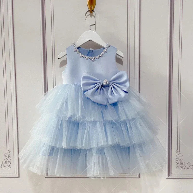 Cute A-Line Blue Flower Girl Dress Satin Tulle Beaded with Bow