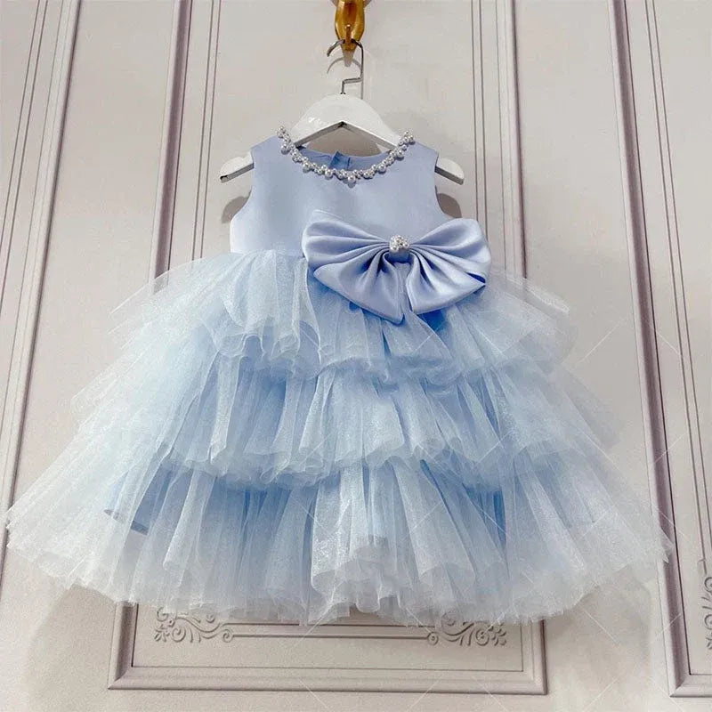 Cute A-Line Blue Flower Girl Dress Satin Tulle Beaded with Bow